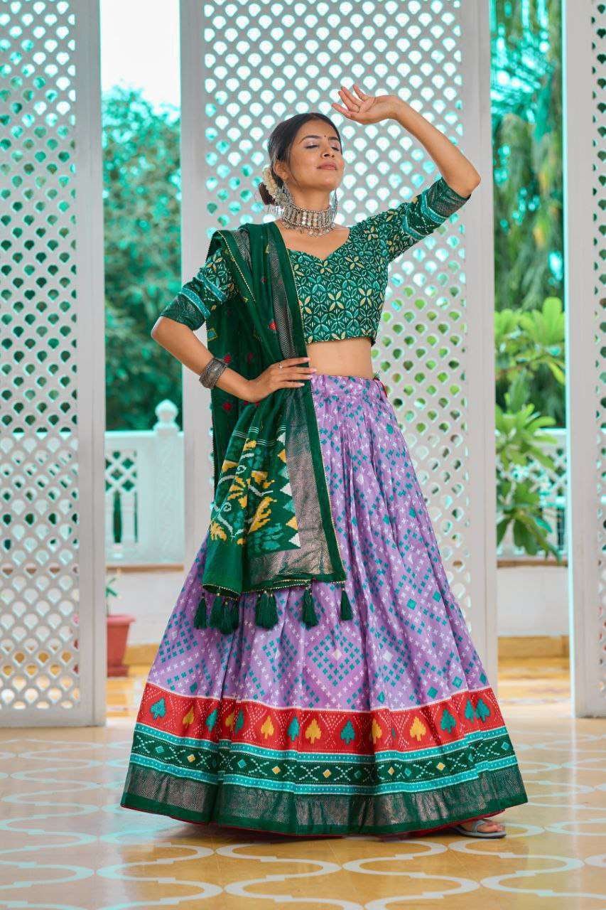 Light Baby Pink Tussar Silk Lehenga Choli with Green Blouse | Minakari & Foil Print | Wedding & Festive Wear - Image 3